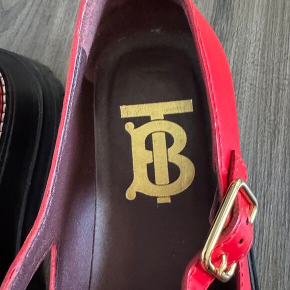 Burberry Aldwych Red Leather T-Bar Platform Flats 37.5 Black Chunky Mary Jane - Picture 3 of 7